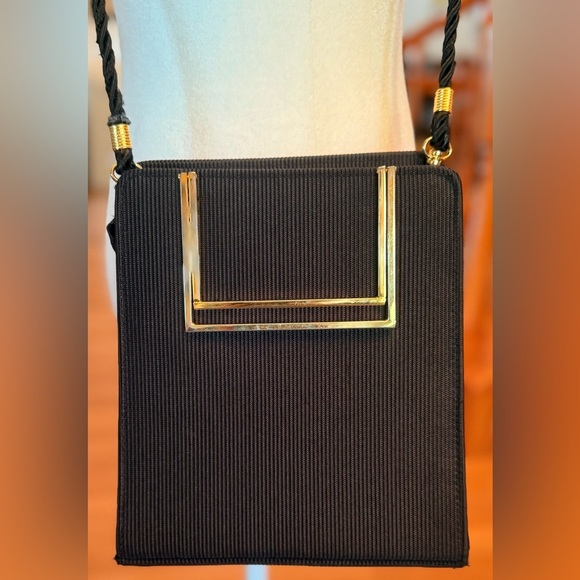 Vintage Black Rectangular Evening Crossbody Bag With Square Gold Handles - Picture 1 of 12